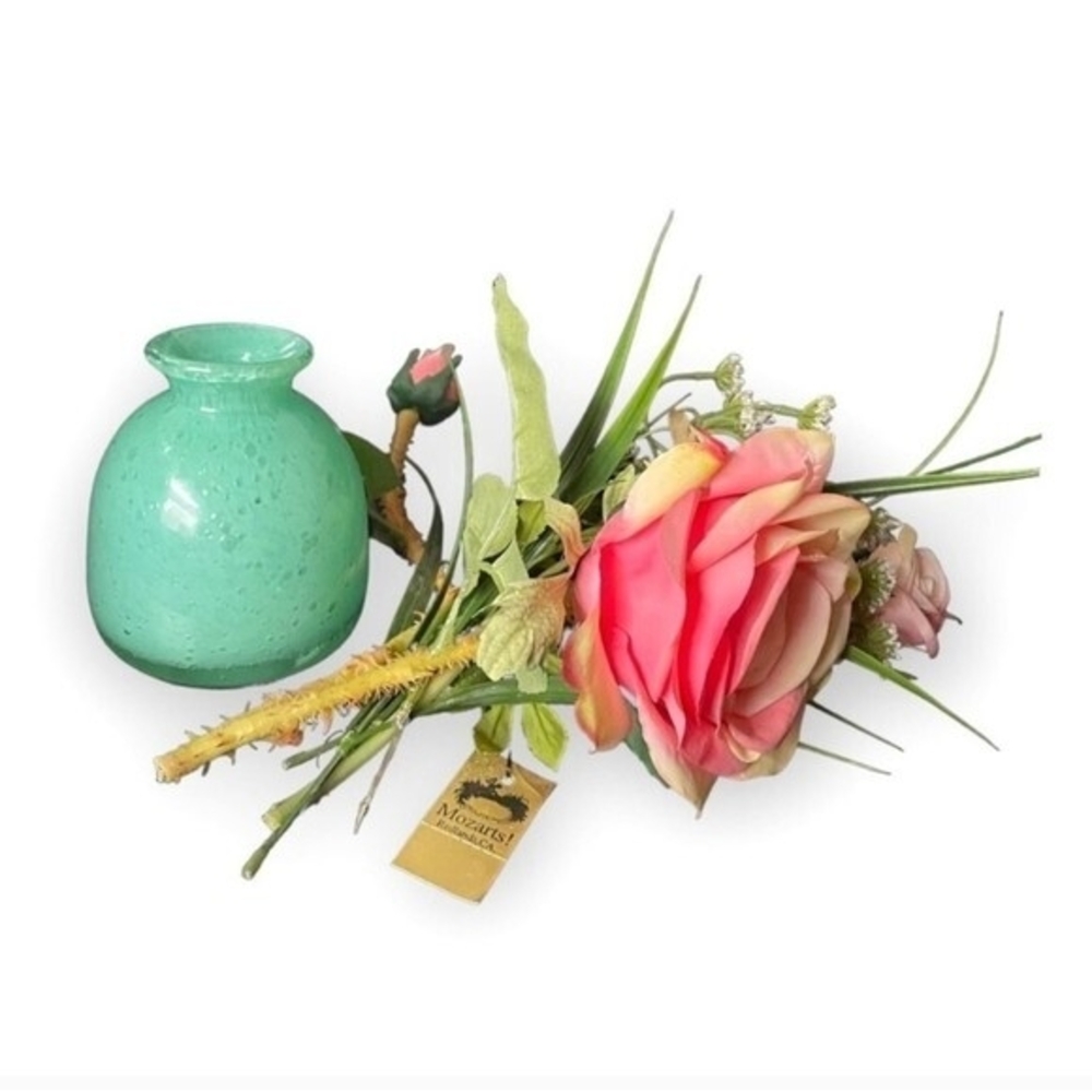 Vintage Teal Cayman Glass Bud Vase Art Deco 4.5" with Floral Arrangement 10" VG - Picture 4 of 7